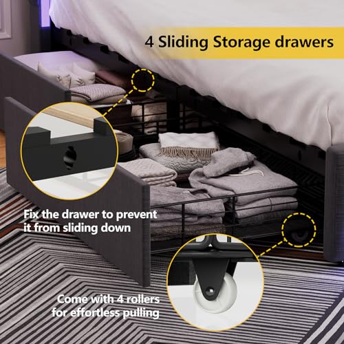 Dnxao Upholstered Queen Size Bed Frame with 4Storage Drawer,RGB LED Light,Charging Station,Adjustable Headboard,Slats Support,No Box Spring Needed,Dark Gray
