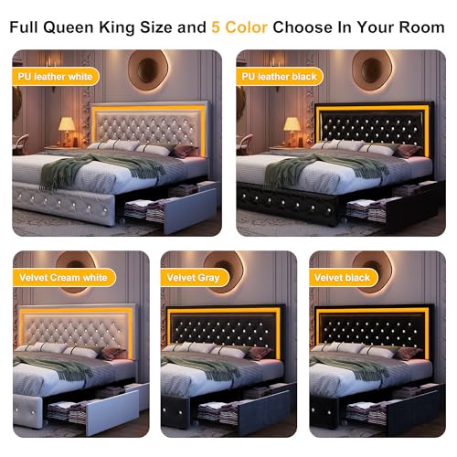 Full LED Bed Frame with 4 Storage Drawers Adjustable Headboard with Smart Control RGBW LED, Whisper-Quiet Design, Upholstered Bed Wood Slats Support, No Box Spring Needed, Velvet Cream