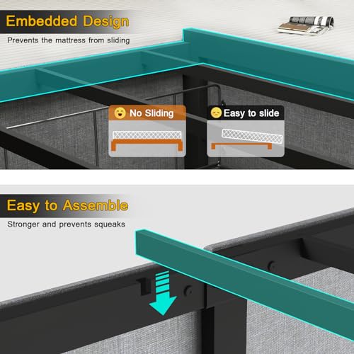 Queen Size Bed Frame with Storage Headboard, Upholstered Platform Bed Frame with RGB LED Lights, 2 Drawers, Charging Station, Heavy Metal Slats Support, No Box Spring Needed, Easy Assembly, Gray