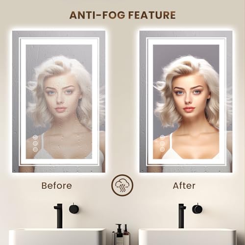 WTTY RGB LED Bathroom Mirror 28"x36" with Backlit and 3 Front Light,Stepless Dimmable LED Mirror for Bathroom,Lighted Bathroom Vanity Mirror for Wall,Anti-Fog,Memory Function,Shatter-Proof