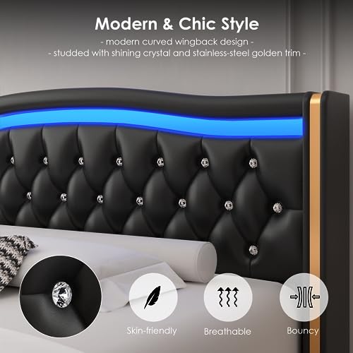 HIFIT King Smart LED Platform Bed Frame with 4 Storage Drawers, Crystal Button-Tufted & Stainless Gold Trim Wingback Headboard, Modern PU Upholstered Black No Box Spring Needed/Easy Assembly