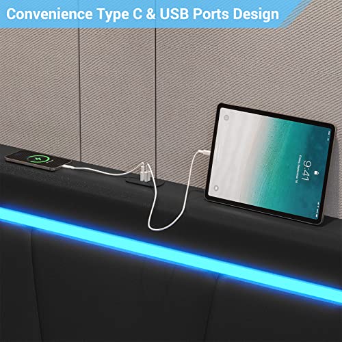 DICTAC Full LED Bed Frame with 4 Drawers and USB Ports Modern Faux Leather Upholstered Platform Bed Frame with Storage and Smart RGB LED Headboard with 3 Side Lights Strip, No Box Spring Needed,Black