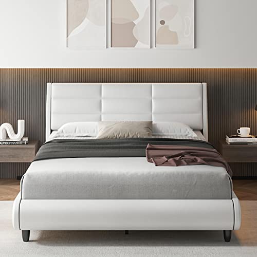 HOSTACK Upholstered Bed Frame with Smart LED, PU Low Profile Sleigh Platform Bed with Adjustable Headboard, Modern Mattress Foundation with Wood Slats, Lights Sync With Music (White, Queen Size)