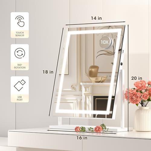 Hasipu Vanity Mirror with Lights, 14" x 18" LED Makeup Mirror, Lightup Mirror with Smart Touch 3 Color Modes and Brightness Adjustment, 10X Magnifying Glass,360° Rotation