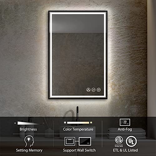 24”x36 Led Bathroom Mirror with Antifog, Dimmer, Adjustable Color Temperature, Smart Bathroom Led Mirror with Black Frame