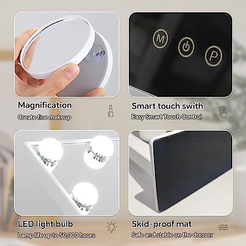 SVIOBY Tabletop Mount Vanity Mirror with Lights Makeup Mirror with with 9 LED Lights Smart Touch Control 3 Colors Light 360° Rotation (White)