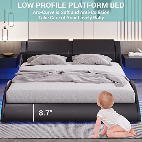 Full Size Modern Upholstered Platform Bed Frame with LED Lights Wave Like Smart Led Bed Frame with Headboard Full Low Profile Platform bed frame,Faux Leather,Easy Assemble,Strong Wood Slats,Black