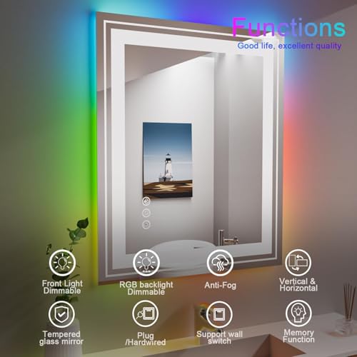 Snowdool 24”X36“ LED Bathroom Mirror with Lights, Anti Fog Mirror with RGB Backlit Mirror Bathroom, Dimmable Smart Lighted Bathroom Vanity Mirror, Horizontal/Vertical (RGB Backlit + Front Light)