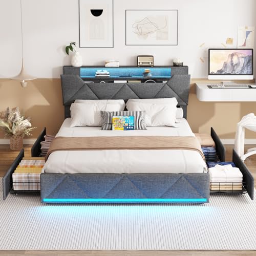 Vabches Queen Bed Frame with Storage Headboard and 4 Drawers,Upholstered Platform with Charging Station and Led Lights,Adjustable Headboard,No Box Spring Needed,Dark Grey