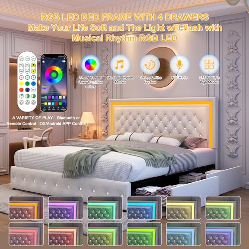 Full LED Bed Frame with 4 Storage Drawers Adjustable Headboard with Smart Control RGBW LED, Whisper-Quiet Design, Upholstered Bed Wood Slats Support, No Box Spring Needed, Velvet Cream