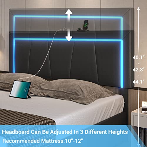 DICTAC Full LED Bed Frame with 4 Drawers and USB Ports Modern Faux Leather Upholstered Platform Bed Frame with Storage and Smart RGB LED Headboard with 3 Side Lights Strip, No Box Spring Needed,Black
