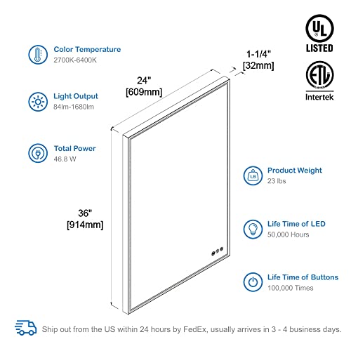 24”x36 Led Bathroom Mirror with Antifog, Dimmer, Adjustable Color Temperature, Smart Bathroom Led Mirror with Black Frame