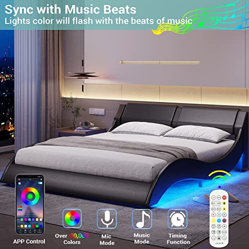 Full Size Modern Upholstered Platform Bed Frame with LED Lights Wave Like Smart Led Bed Frame with Headboard Full Low Profile Platform bed frame,Faux Leather,Easy Assemble,Strong Wood Slats,Black