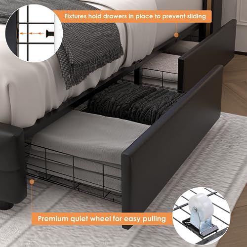 HIFIT King Smart LED Platform Bed Frame with 4 Storage Drawers, Crystal Button-Tufted & Stainless Gold Trim Wingback Headboard, Modern PU Upholstered Black No Box Spring Needed/Easy Assembly