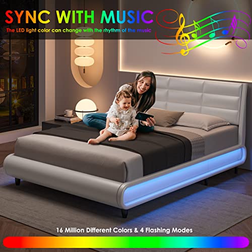 HOSTACK Upholstered Bed Frame with Smart LED, PU Low Profile Sleigh Platform Bed with Adjustable Headboard, Modern Mattress Foundation with Wood Slats, Lights Sync With Music (White, Queen Size)