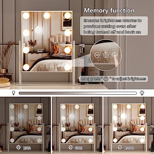 SVIOBY Tabletop Mount Vanity Mirror with Lights Makeup Mirror with with 9 LED Lights Smart Touch Control 3 Colors Light 360° Rotation (White)