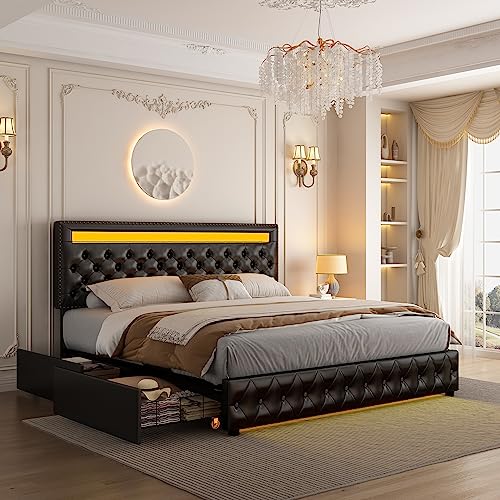 Queen Led Bed Frame with 4 Storage Drawers, with Smart Control RGBW LED Lights Headboard Footboard, Control DIY Color, Box Spring Optional, PU Leather Black