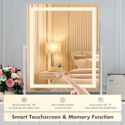 Hasipu Vanity Mirror with Lights, 14" x 18" LED Makeup Mirror, Lightup Mirror with Smart Touch 3 Color Modes and Brightness Adjustment, 10X Magnifying Glass,360° Rotation