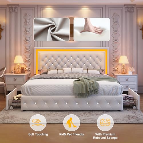 Full LED Bed Frame with 4 Storage Drawers Adjustable Headboard with Smart Control RGBW LED, Whisper-Quiet Design, Upholstered Bed Wood Slats Support, No Box Spring Needed, Velvet Cream