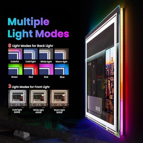Snowdool 24”X36“ LED Bathroom Mirror with Lights, Anti Fog Mirror with RGB Backlit Mirror Bathroom, Dimmable Smart Lighted Bathroom Vanity Mirror, Horizontal/Vertical (RGB Backlit + Front Light)