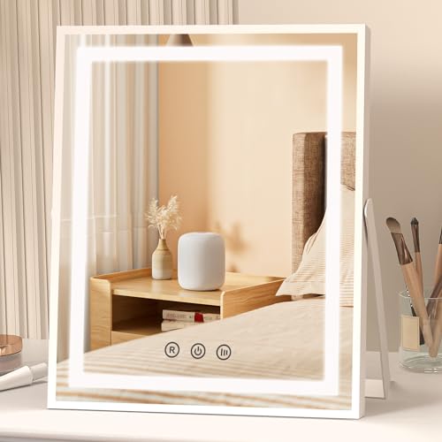 FUNTOUCH Hollywood Vanity Mirror with Lights, 10''x12'' Memory Makeup Mirror with 3 Color Modes Tabletop Vanity Lighted Mirror with Smart Touch Control, Gifts for Christmas Housewarming Gifts