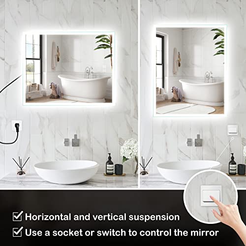 ROOMTEC 24 X 30 inch LED Bathroom Mirror with Adjustable 3-Color Frontlit, Anti-Fog, Smart Memory Function and ETL&UL Certified, Silver
