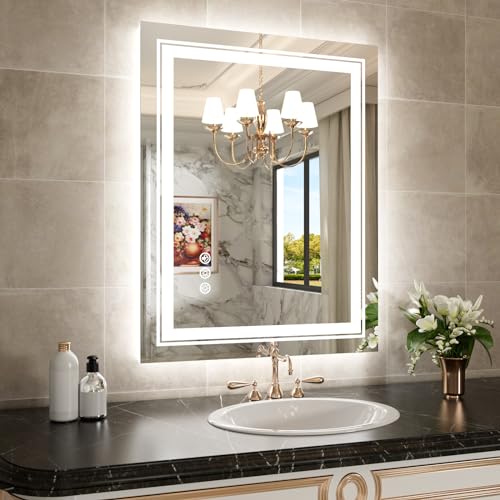WTTY RGB LED Bathroom Mirror 28"x36" with Backlit and 3 Front Light,Stepless Dimmable LED Mirror for Bathroom,Lighted Bathroom Vanity Mirror for Wall,Anti-Fog,Memory Function,Shatter-Proof