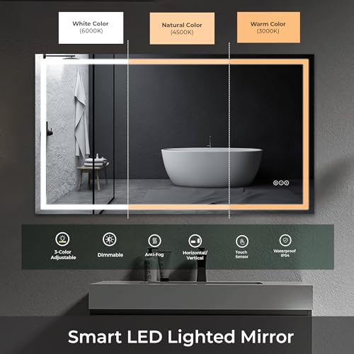 THNIKRE LED Mirror for Bathroom, 48x24 Vanity Mirror with Lights Bathroom Mirror with Lights, Smart Lighted Bathroom Mirror for Wall, Wall-Mounted Illuminated Dimmable Frameless Mirrors with Anti-Fog