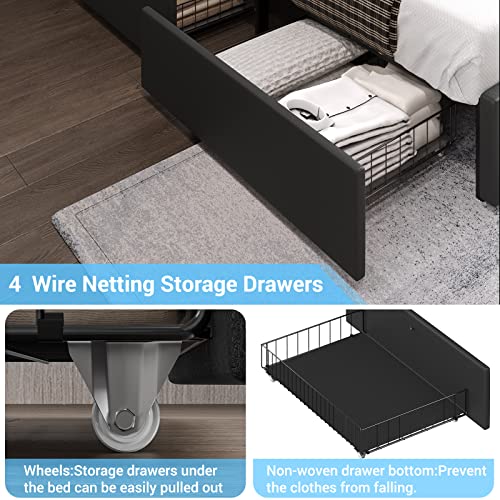 DICTAC Full LED Bed Frame with 4 Drawers and USB Ports Modern Faux Leather Upholstered Platform Bed Frame with Storage and Smart RGB LED Headboard with 3 Side Lights Strip, No Box Spring Needed,Black