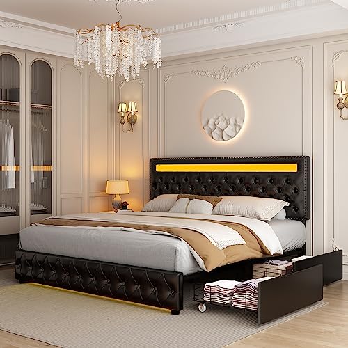 Queen Led Bed Frame with 4 Storage Drawers, with Smart Control RGBW LED Lights Headboard Footboard, Control DIY Color, Box Spring Optional, PU Leather Black