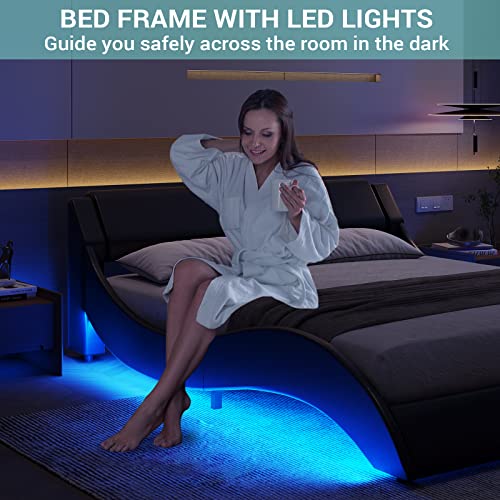 Full Size Modern Upholstered Platform Bed Frame with LED Lights Wave Like Smart Led Bed Frame with Headboard Full Low Profile Platform bed frame,Faux Leather,Easy Assemble,Strong Wood Slats,Black