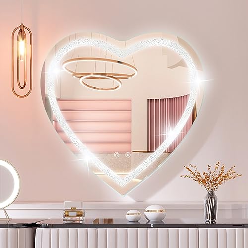 BesMirror LED Bathroom Mirror with Lights Crushed Diamond 28"x28", Heart Shaped Front Lit Wall Mounted LED Vanity Mirror with 3 Color, Stepless Dimmable, Memory, Smart Touch and Shatter-Proof