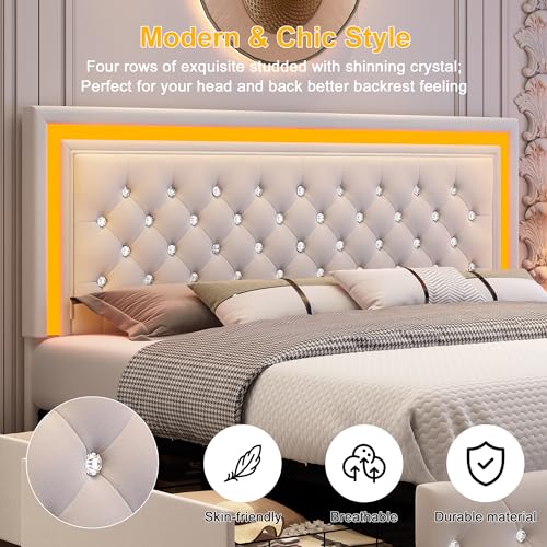 Full LED Bed Frame with 4 Storage Drawers Adjustable Headboard with Smart Control RGBW LED, Whisper-Quiet Design, Upholstered Bed Wood Slats Support, No Box Spring Needed, Velvet Cream