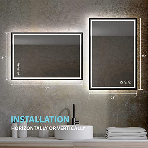 24”x36 Led Bathroom Mirror with Antifog, Dimmer, Adjustable Color Temperature, Smart Bathroom Led Mirror with Black Frame