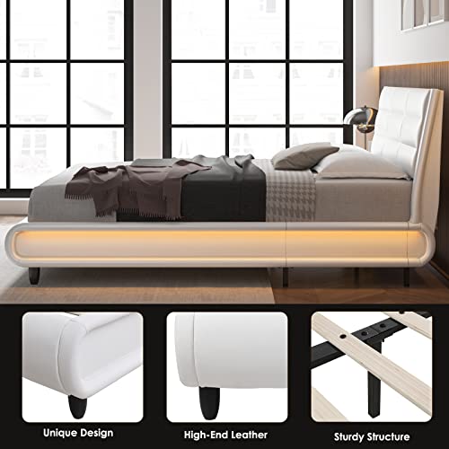 HOSTACK Upholstered Bed Frame with Smart LED, PU Low Profile Sleigh Platform Bed with Adjustable Headboard, Modern Mattress Foundation with Wood Slats, Lights Sync With Music (White, Queen Size)