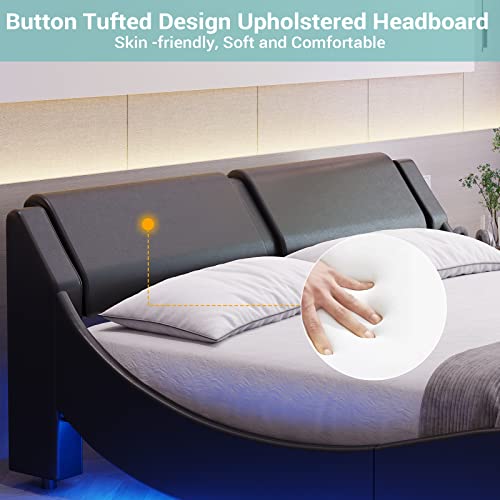 Full Size Modern Upholstered Platform Bed Frame with LED Lights Wave Like Smart Led Bed Frame with Headboard Full Low Profile Platform bed frame,Faux Leather,Easy Assemble,Strong Wood Slats,Black