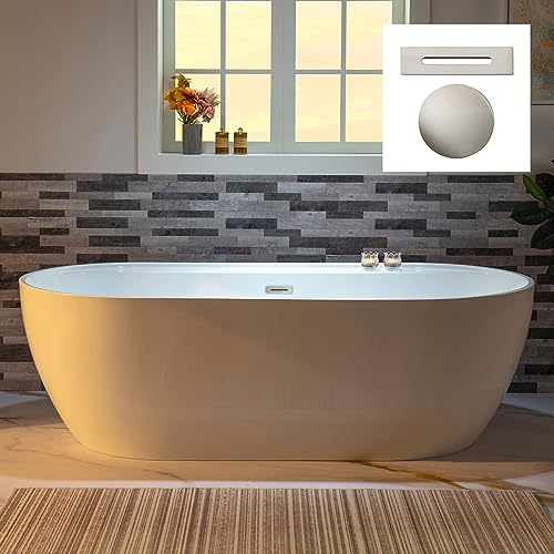 WOODBRIDGE 72" Acrylic Freestanding Bathtub Contemporary Soaking White Tub with Brushed Nickel Overflow and Drain,B0059-BN