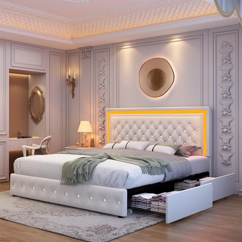 Full LED Bed Frame with 4 Storage Drawers Adjustable Headboard with Smart Control RGBW LED, Whisper-Quiet Design, Upholstered Bed Wood Slats Support, No Box Spring Needed, Velvet Cream