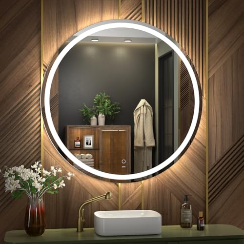 KWW 32 Inch Large Modern LED Round Bathroom Vanity Mirror, Color Temperature Adjustable, Anti-Fog Dimmable Lights, Easy to Install, Wall Mounted Makeup Mirror with Smart Touch Button