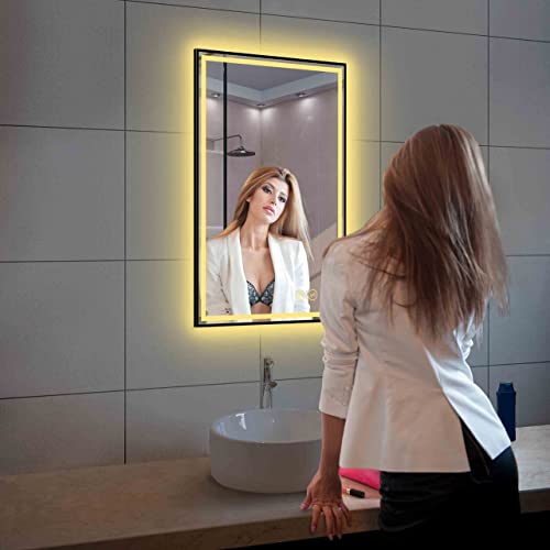 24”x36 Led Bathroom Mirror with Antifog, Dimmer, Adjustable Color Temperature, Smart Bathroom Led Mirror with Black Frame