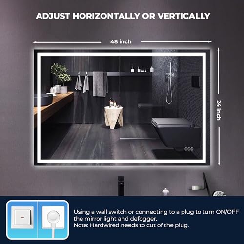 THNIKRE LED Mirror for Bathroom, 48x24 Vanity Mirror with Lights Bathroom Mirror with Lights, Smart Lighted Bathroom Mirror for Wall, Wall-Mounted Illuminated Dimmable Frameless Mirrors with Anti-Fog