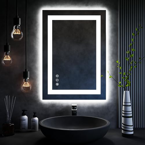ISKM 20''x28'' Led Bathroom Mirror Front and Backlit Vanity Mirror Wall Mounted, Anti-Fog, Dimmable, Memory Function Mirror with Smart Touch button Waterproof and Shatter-Proof Makeup Mirror