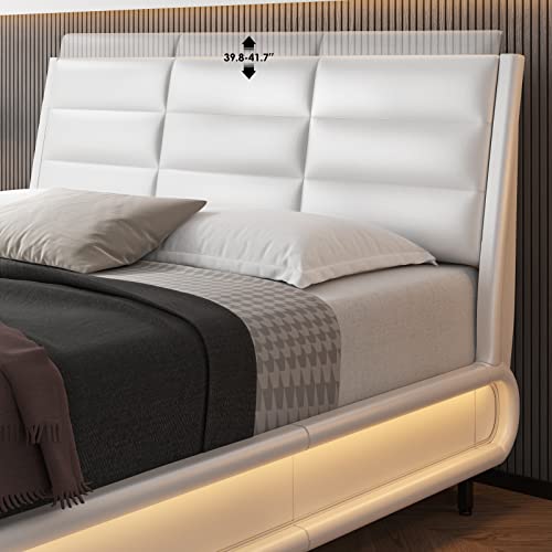 HOSTACK Upholstered Bed Frame with Smart LED, PU Low Profile Sleigh Platform Bed with Adjustable Headboard, Modern Mattress Foundation with Wood Slats, Lights Sync With Music (White, Queen Size)