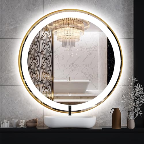 TheiaMo 32 Inch Round LED Bathroom Mirror, Smart Anti-Fog IP65 Waterproof Vanity Mirror with Memory Function CRI 95+ 3 Color Stepless Adjustable, Wall-Mounted Brushed Metal Framed Mirror, Gold