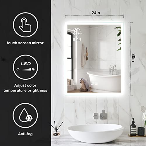 ROOMTEC 24 X 30 inch LED Bathroom Mirror with Adjustable 3-Color Frontlit, Anti-Fog, Smart Memory Function and ETL&UL Certified, Silver