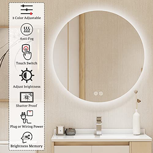 BuLife 32 Inch Round LED Bathroom Mirror Backlit Anti-Fog Wall Mounted Lighted Bathroom Vanity Mirror 3 Colors Light Dimmable Smart Makeup Mirror with Touch Switch