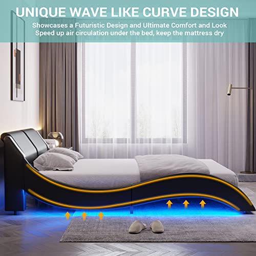 Full Size Modern Upholstered Platform Bed Frame with LED Lights Wave Like Smart Led Bed Frame with Headboard Full Low Profile Platform bed frame,Faux Leather,Easy Assemble,Strong Wood Slats,Black