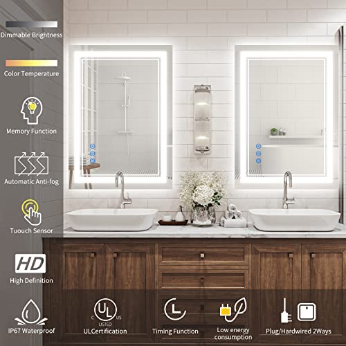 Gmhehly LED Bathroom Vanity Mirror, 40x24 Inch Wall Mounted Timing Function Smart Mirror with Anti-Fog, Memory and Dimmable Light, Horizontal & Vertical