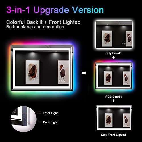 Snowdool 24”X36“ LED Bathroom Mirror with Lights, Anti Fog Mirror with RGB Backlit Mirror Bathroom, Dimmable Smart Lighted Bathroom Vanity Mirror, Horizontal/Vertical (RGB Backlit + Front Light)