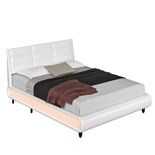 HOSTACK Upholstered Bed Frame with Smart LED, PU Low Profile Sleigh Platform Bed with Adjustable Headboard, Modern Mattress Foundation with Wood Slats, Lights Sync With Music (White, Queen Size)